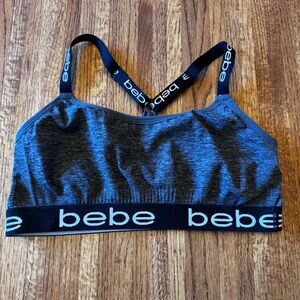 Women’s bebe black, white, and gray sports bra, size large